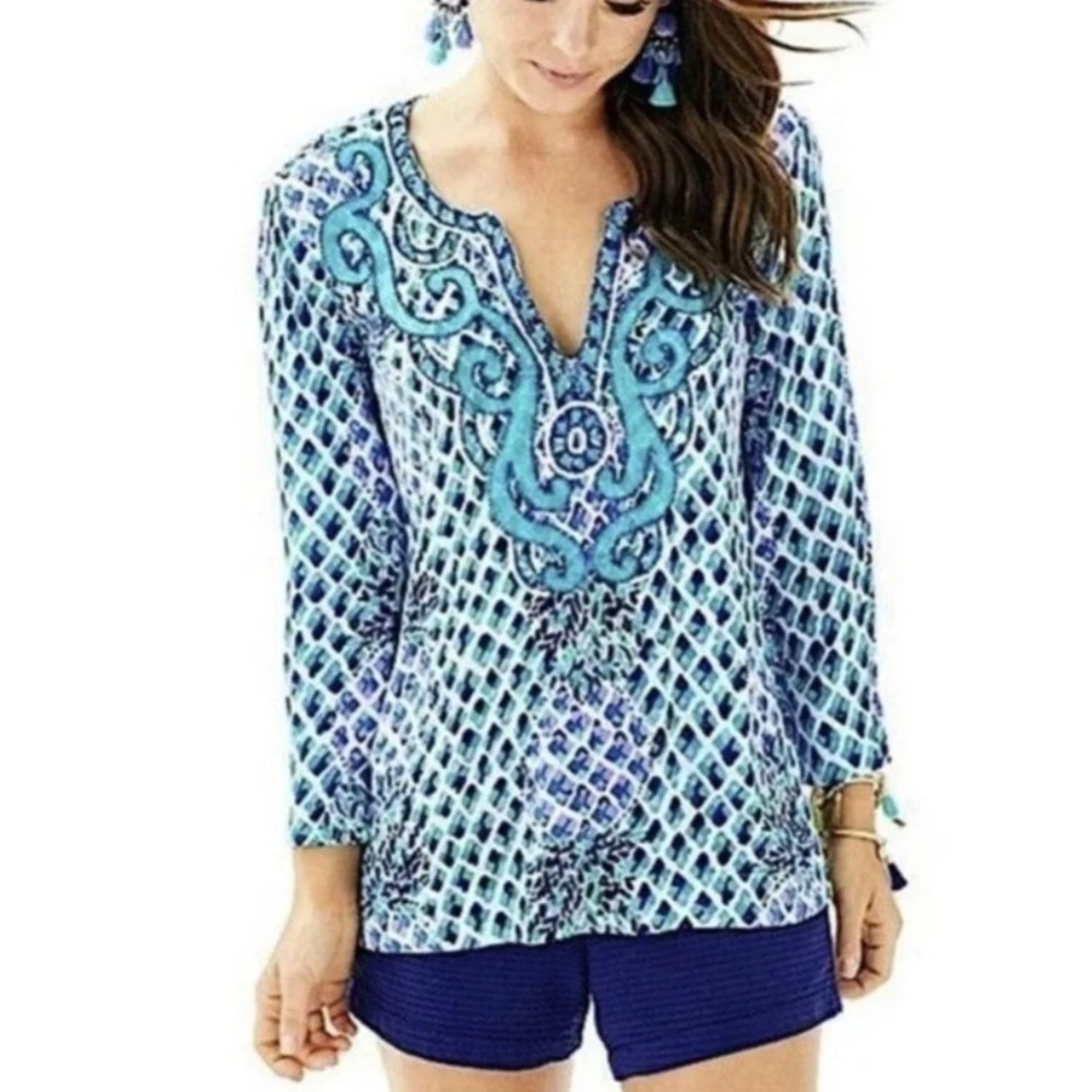 Lilly Pulitzer Amelia Island Tunic Embroidered Sequin V-Neck‎ XL